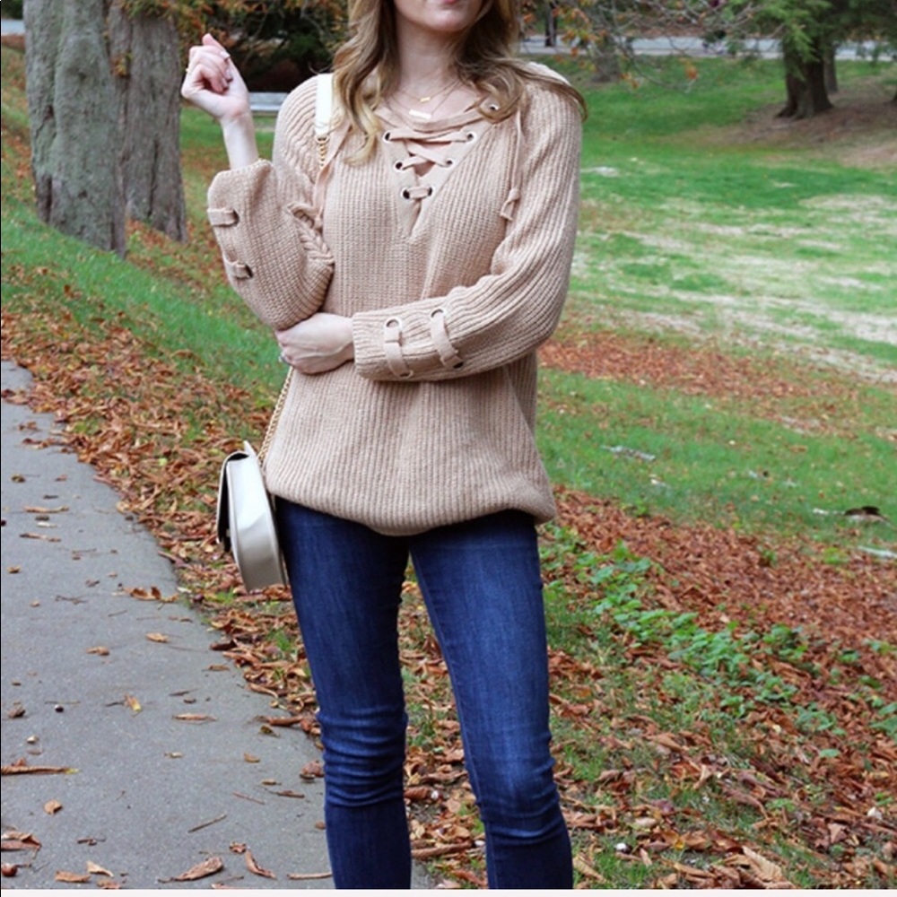 Oatmeal Lace Up Sweater - Picture 2 of 6